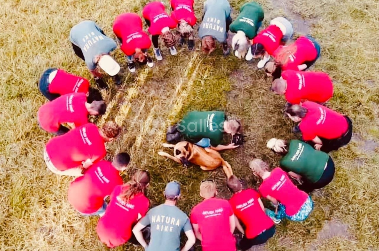 Un groupe de personnes en cercle autour d'un chien couché sur l'herbe, vu de dessus.
