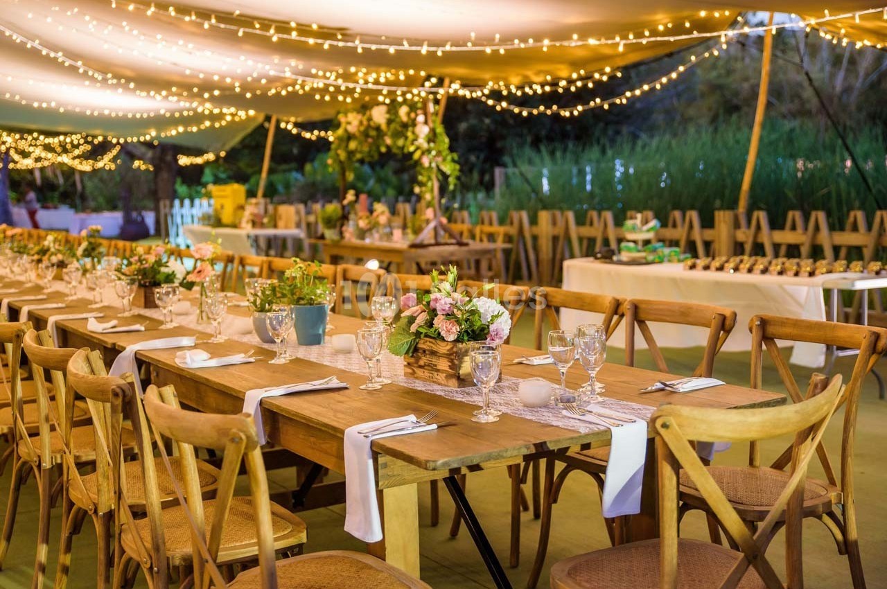 Grande table en bois décorée de fleurs et de verres sous une tente éclairée par des guirlandes lumineuses.