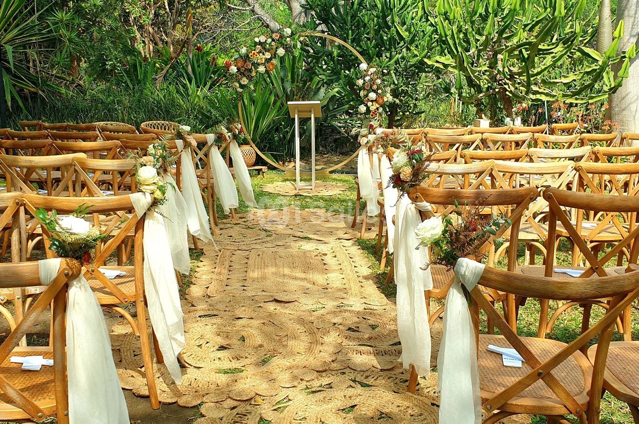 Chaises en bois décorées de fleurs et rubans, disposées en allée centrale pour une cérémonie en extérieur.