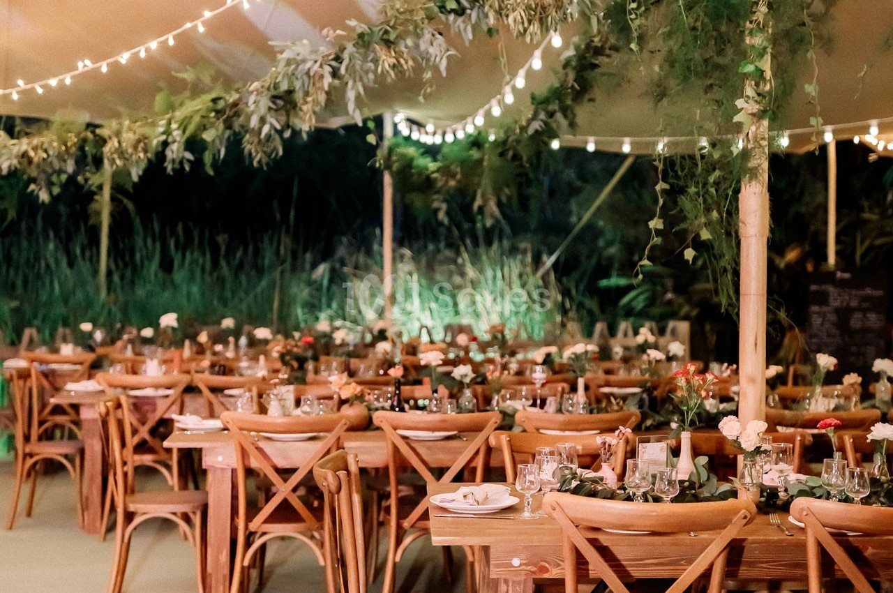 Tables en bois décorées de fleurs et vaisselle, disposées sous une tente éclairée par des guirlandes lumineuses.