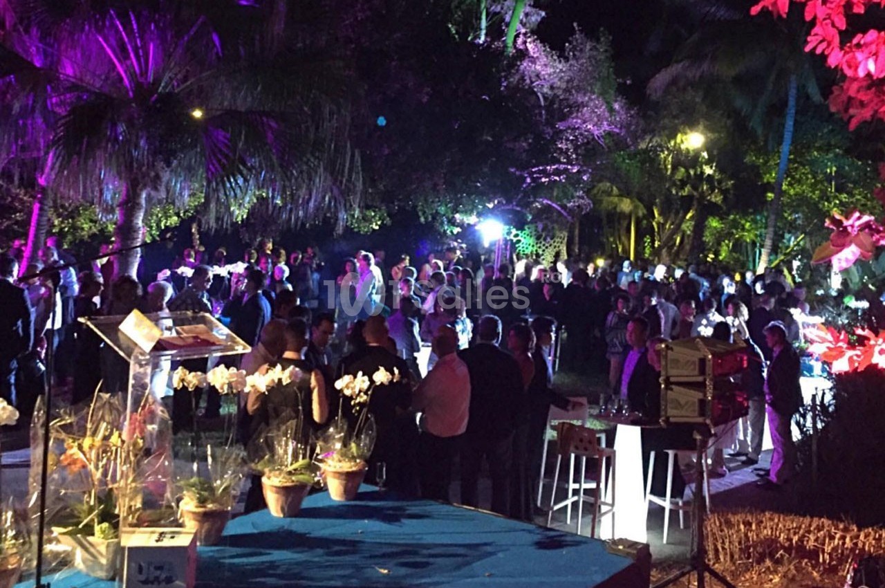 Foule rassemblée lors d'un événement nocturne en extérieur, éclairée par des lumières colorées parmi des plantes tropicales.