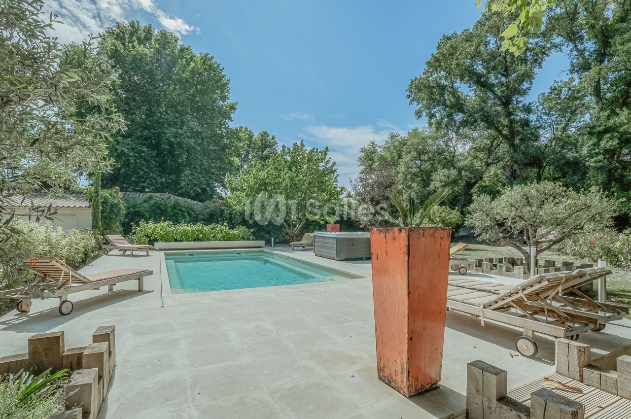 Terrasse avec piscine entourée de chaises longues, végétation luxuriante et grand pot de fleurs orange au premier plan.