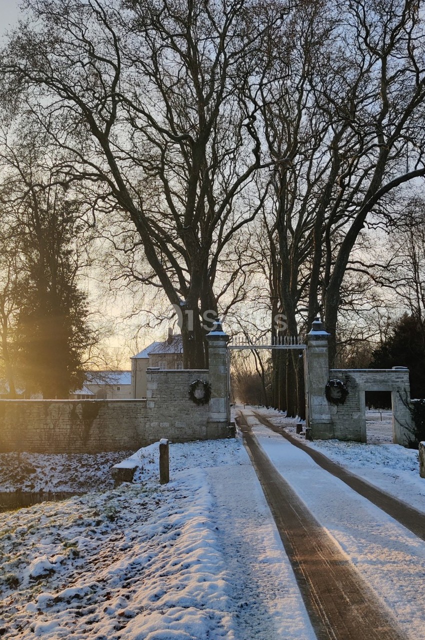 Allée enneigée menant à un portail en pierre entouré d'arbres dénudés sous une lumière hivernale.