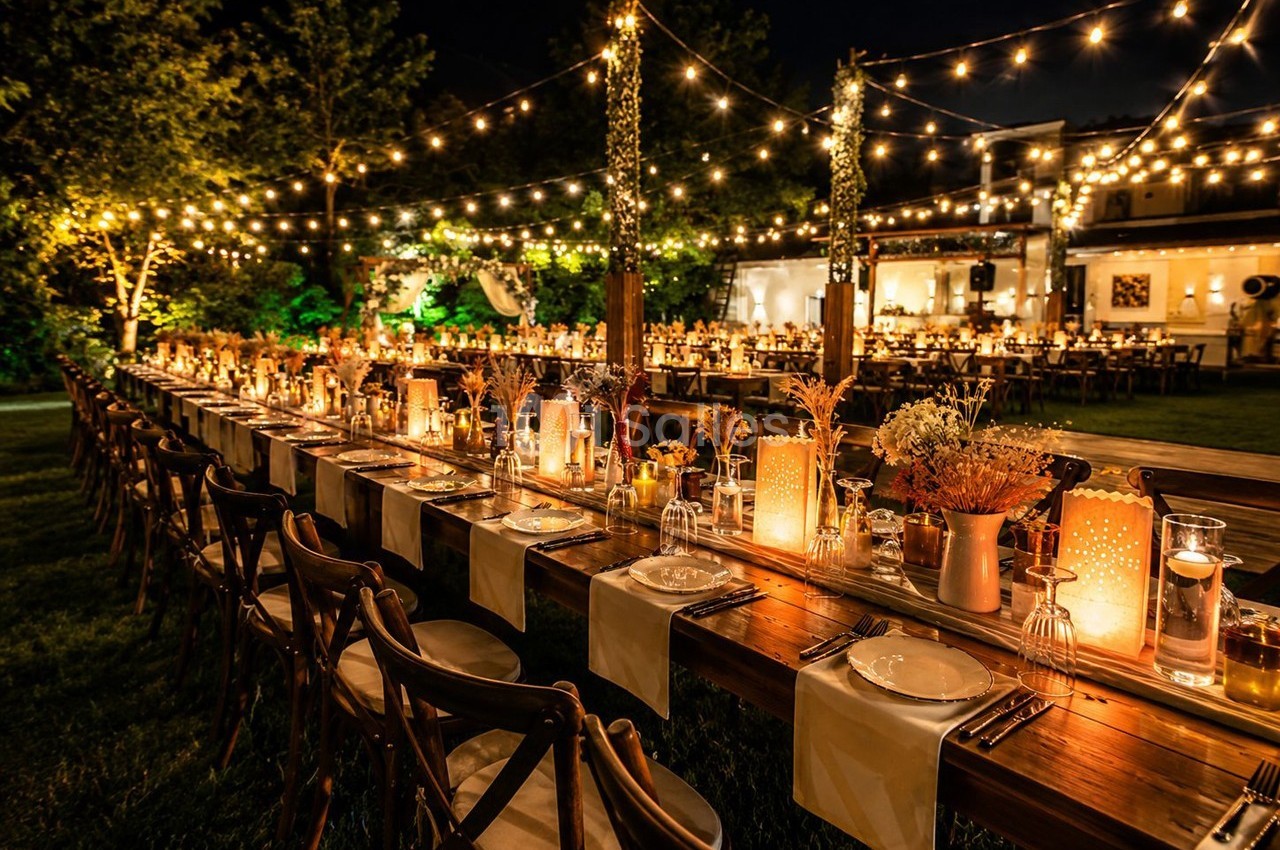 Grande table en bois décorée pour un dîner en extérieur, éclairée par des guirlandes lumineuses et des bougies.
