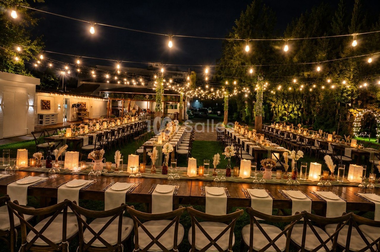 Tables de réception décorées avec des bougies et des fleurs sous des guirlandes lumineuses dans un jardin de nuit.
