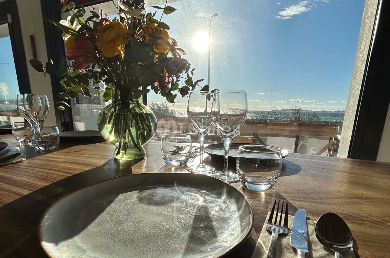 Table dressée avec assiettes, couverts et verres, éclairée par la lumière du soleil près d'une fenêtre avec vue extérieure.