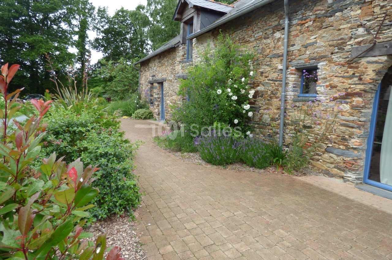 Allée pavée bordée de plantes et fleurs menant à une maison en pierre avec fenêtres et végétation environnante.