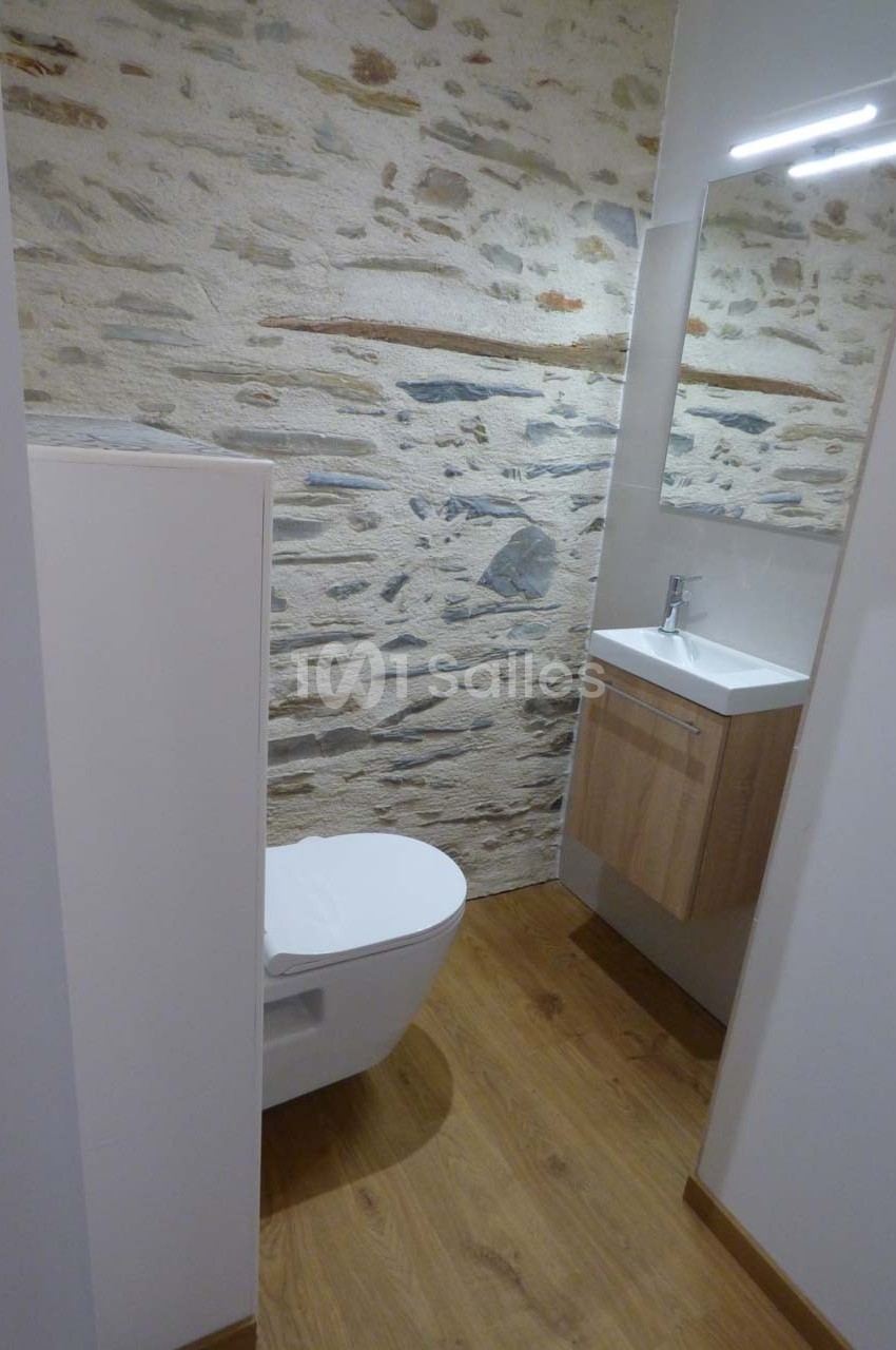 Toilettes modernes avec mur en pierre apparente, sol en bois, lavabo suspendu et miroir éclairé.