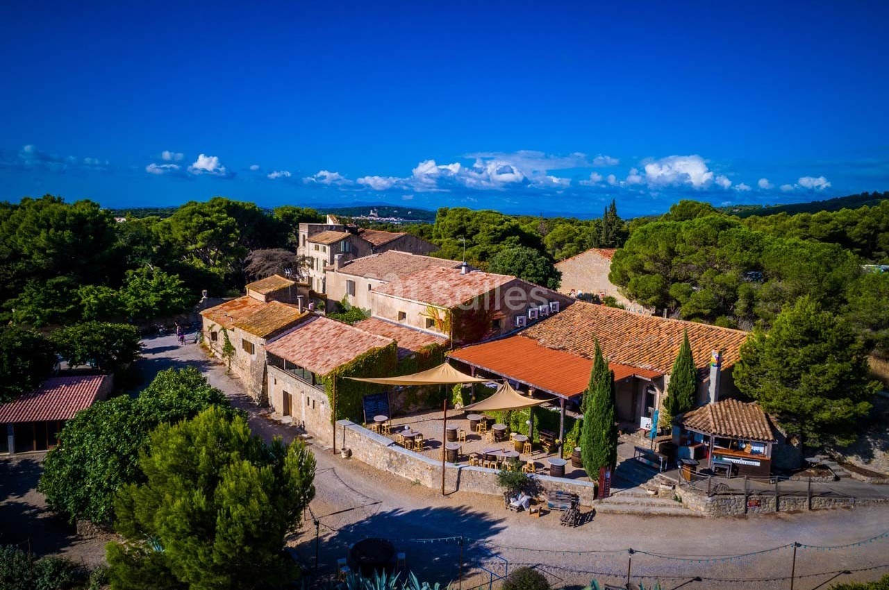 Vue aérienne d'un domaine en pierre avec terrasses ombragées, entouré de végétation et sous un ciel bleu dégagé.
