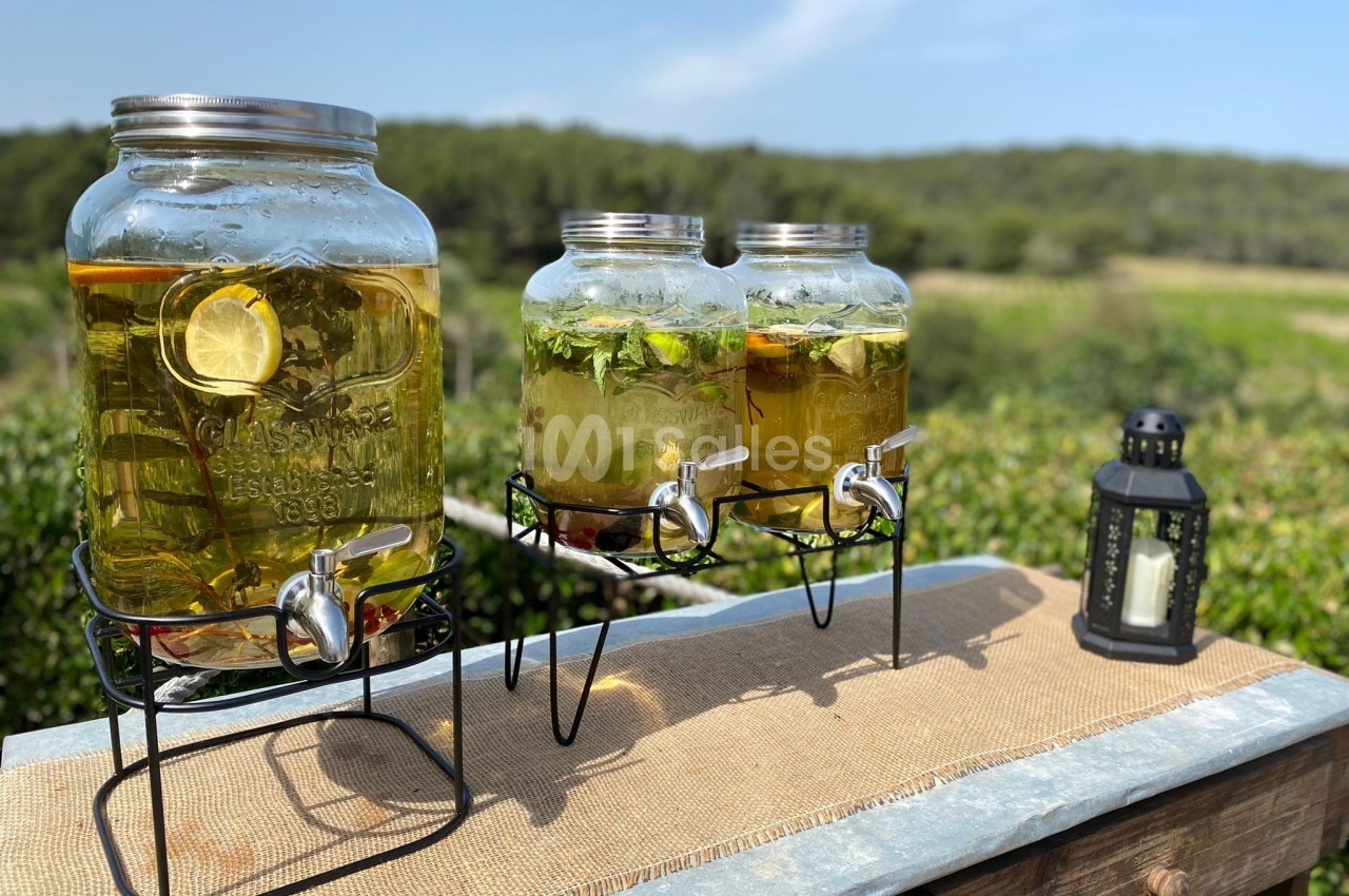 Distributeurs en verre remplis de boissons infusées aux herbes et au citron, posés sur une table en extérieur.