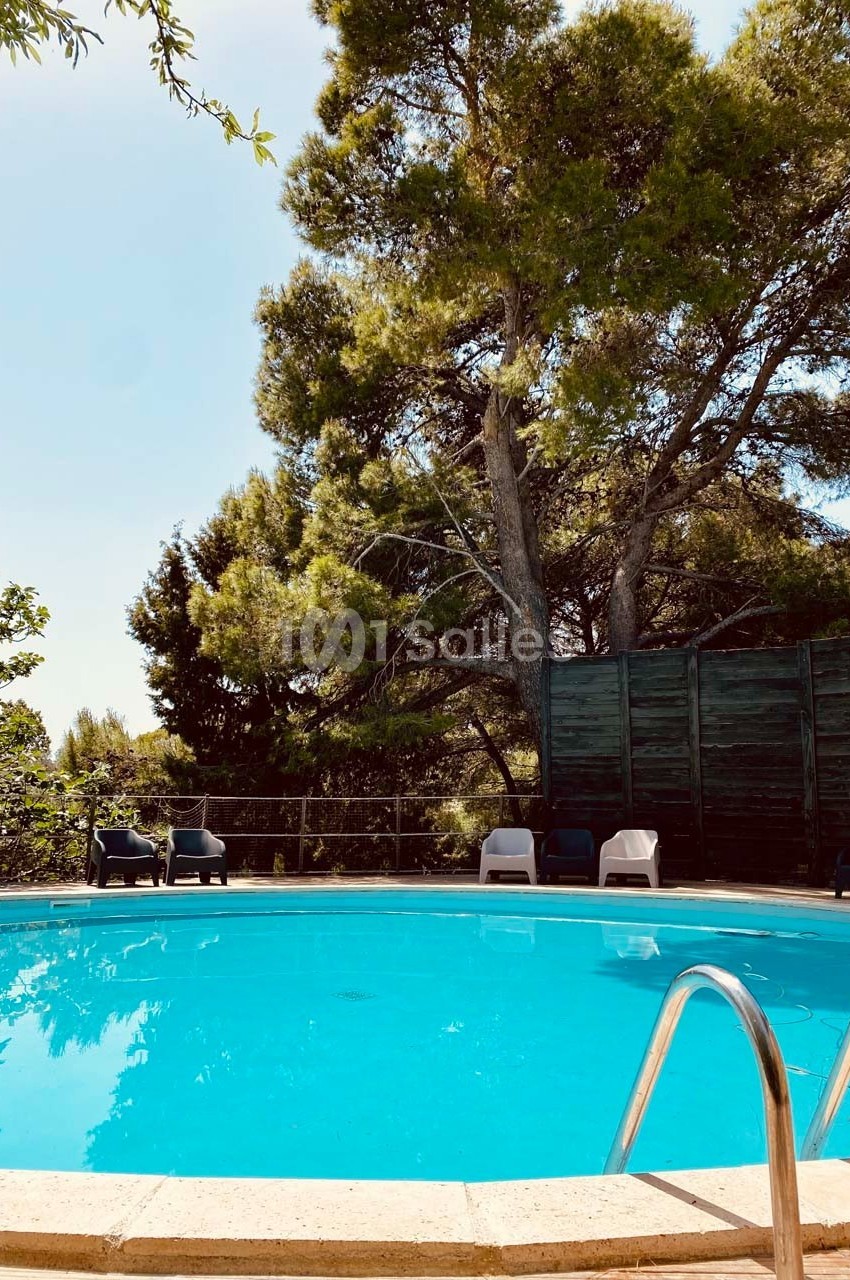 Piscine extérieure ronde entourée de végétation et de chaises longues sous un ciel dégagé.