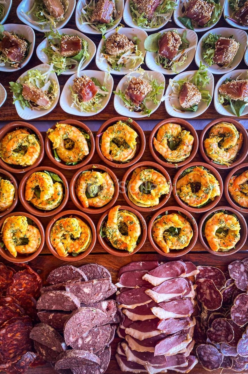 Assortiment de tapas comprenant charcuterie, crevettes en sauce et bouchées sur lit de salade.