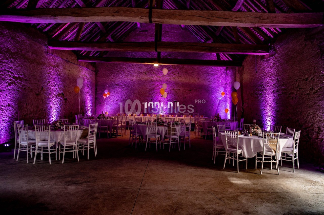 Salle de réception décorée avec des tables rondes, des chaises blanches et un éclairage violet sur les murs en pierre.