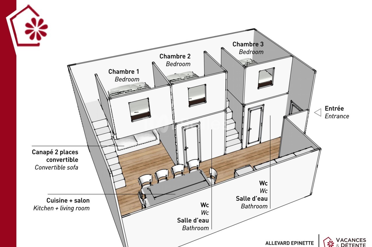 Plan 3D d'un appartement avec trois chambres, cuisine-salon, deux salles d'eau, deux WC et un canapé convertible.