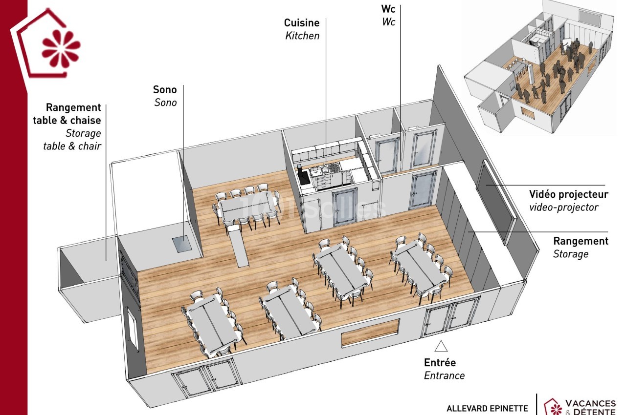 Plan en perspective d'une salle polyvalente avec espaces de rangement, cuisine, sanitaires et équipements audiovisuels.