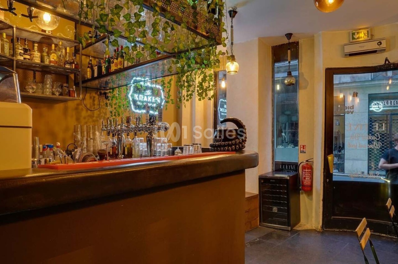 Intérieur d'un bar avec comptoir en bois, étagères de bouteilles, plantes suspendues et lumière tamisée.