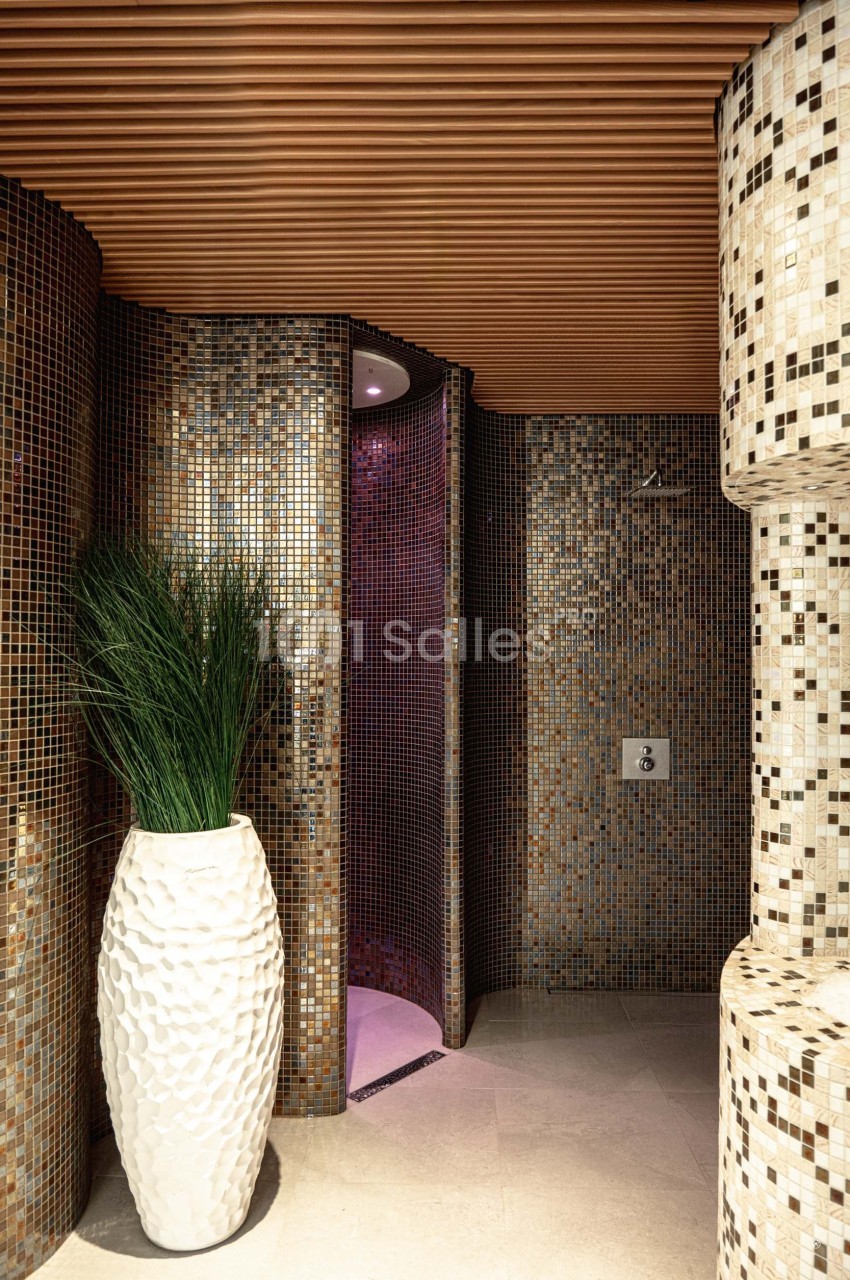 Mur en mosaïque brune avec une douche ouverte et un grand vase blanc contenant des plantes vertes.
