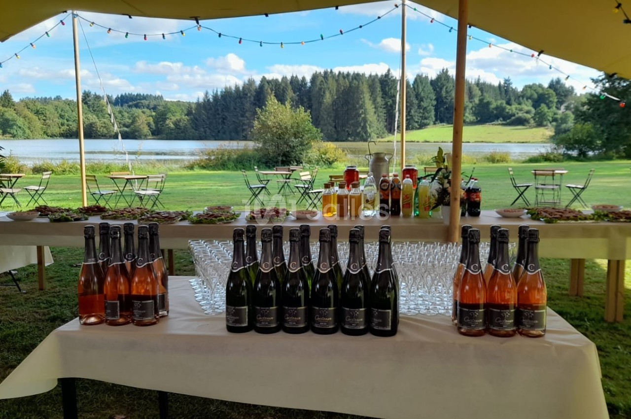 Tables dressées en extérieur avec bouteilles de vin, verres, boissons et collations, près d'un lac entouré de forêt.