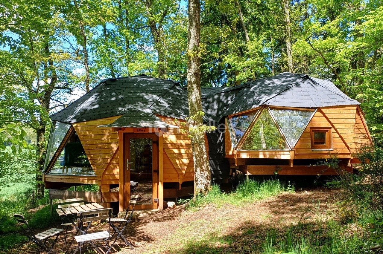 Cabane en bois moderne avec grandes fenêtres, nichée dans une forêt verdoyante, entourée de végétation et d'une table…