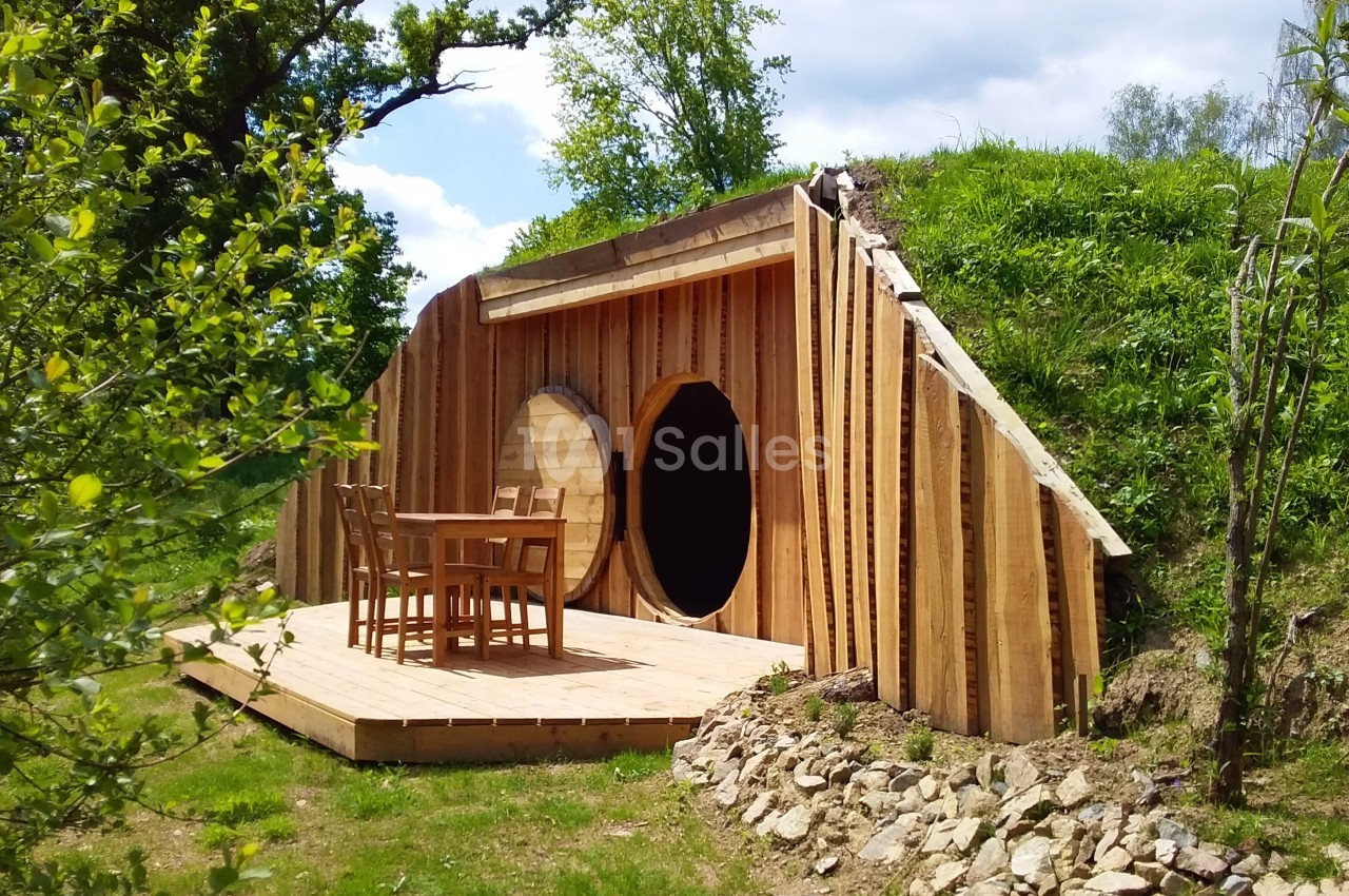 Maison en bois semi-enterrée avec terrasse, table et chaises, entourée de verdure sous un ciel partiellement nuageux.