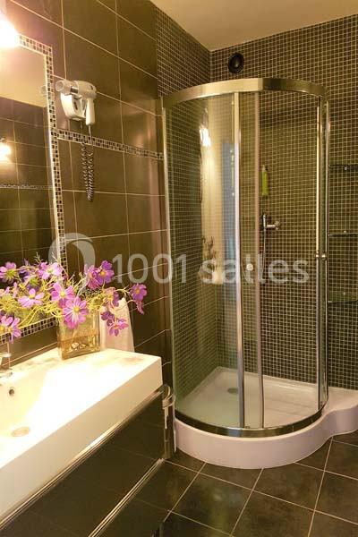 Salle de bain moderne avec douche arrondie en verre, carrelage foncé et lavabo avec vase de fleurs violettes.