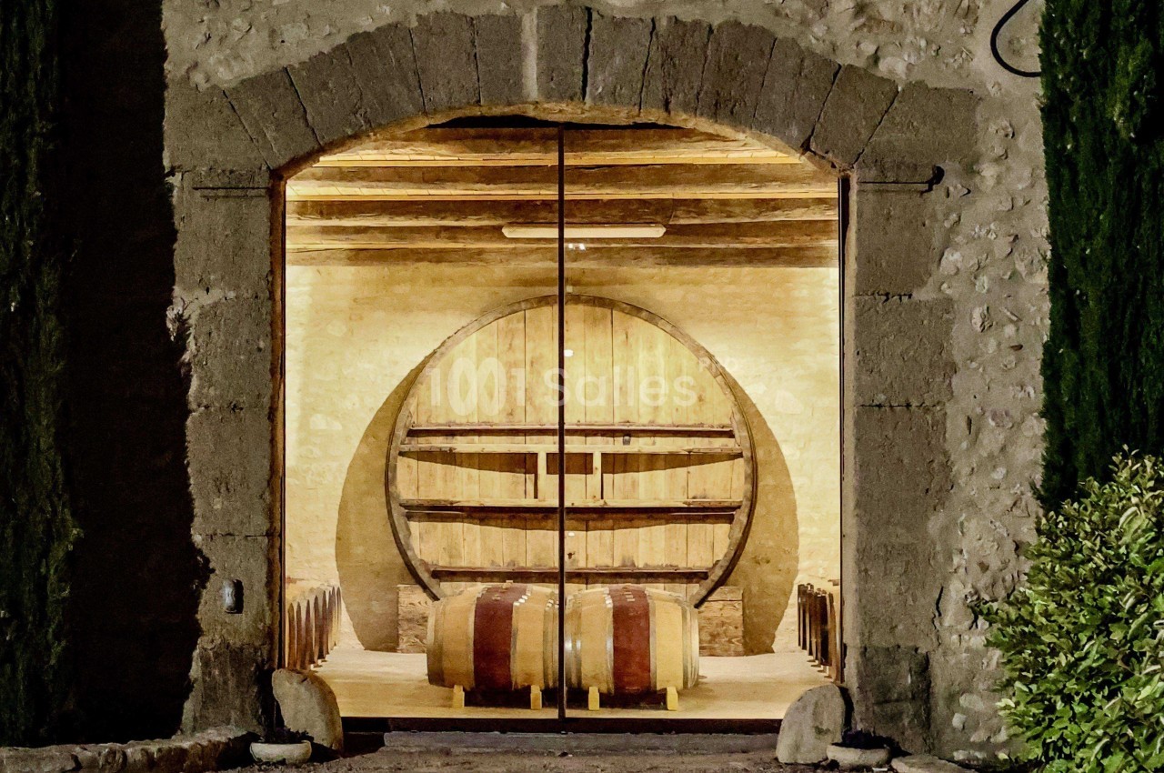 Vue d'une cave en pierre avec une grande porte vitrée, un tonneau en bois et des barriques alignées à l'intérieur.