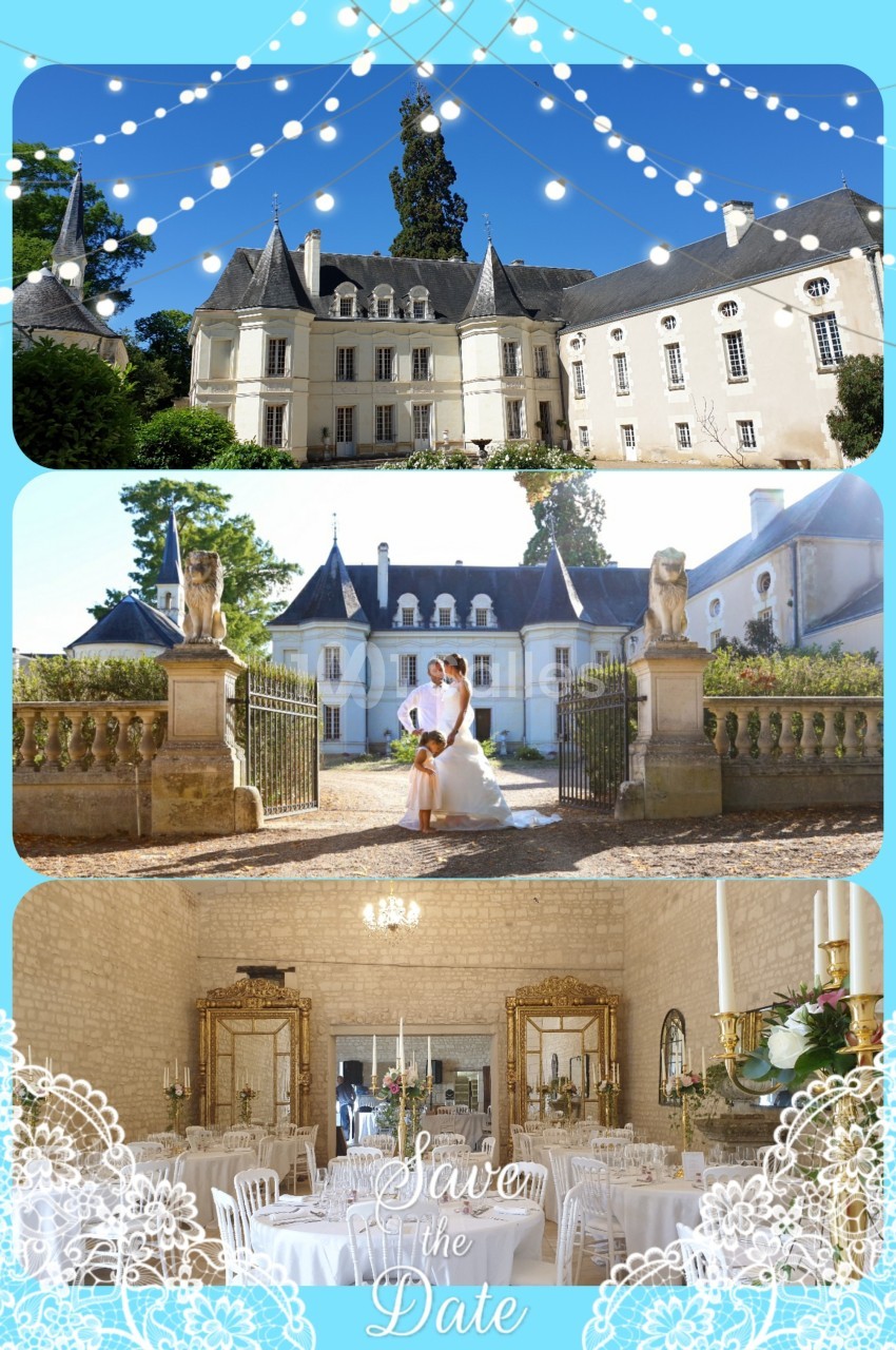 Image d'un château avec jardins, un couple de mariés devant une entrée, et une salle de réception élégamment décorée.