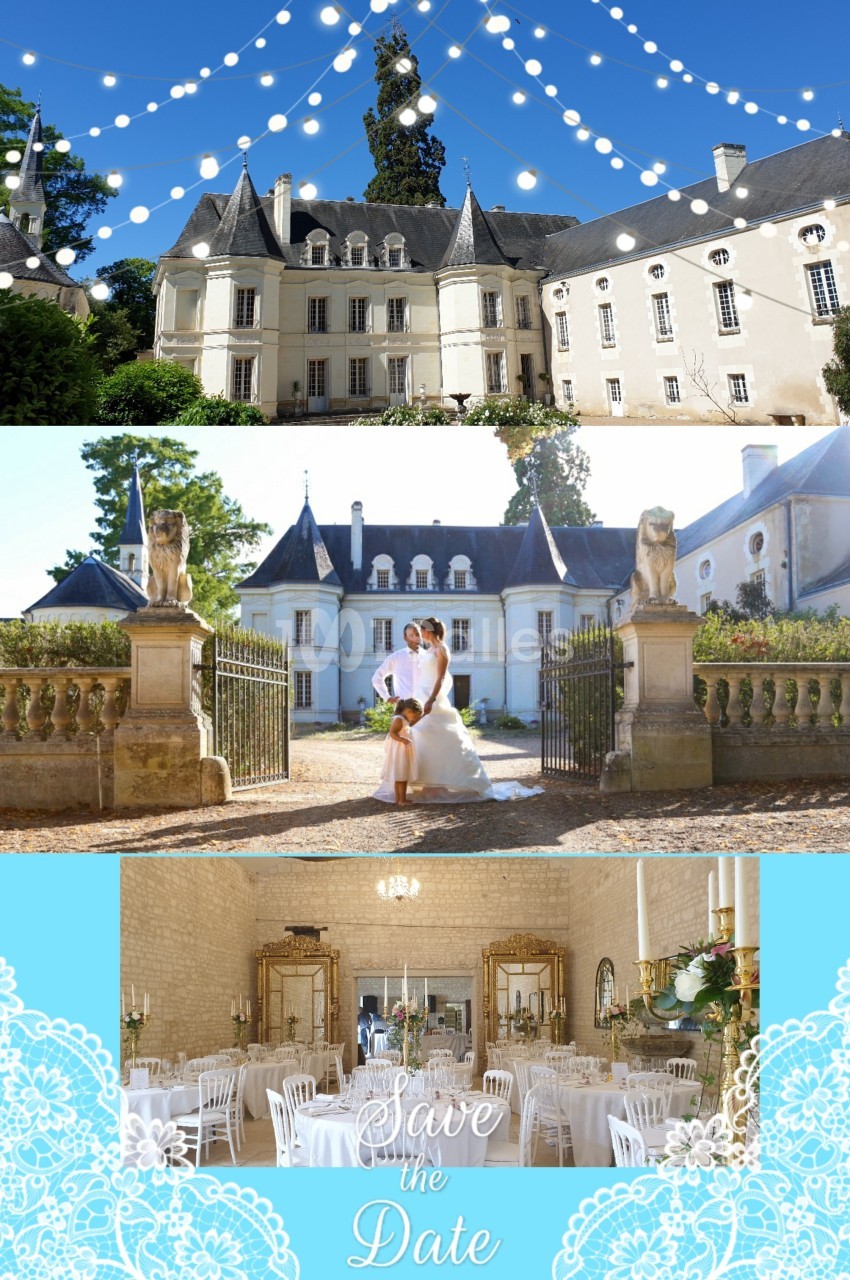 Image d'un château avec guirlandes lumineuses, un couple de mariés dans la cour et une salle de réception décorée.