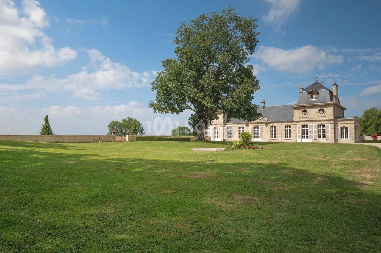 Grand jardin verdoyant avec un grand arbre au centre, devant une maison en pierre sous un ciel partiellement nuageux.