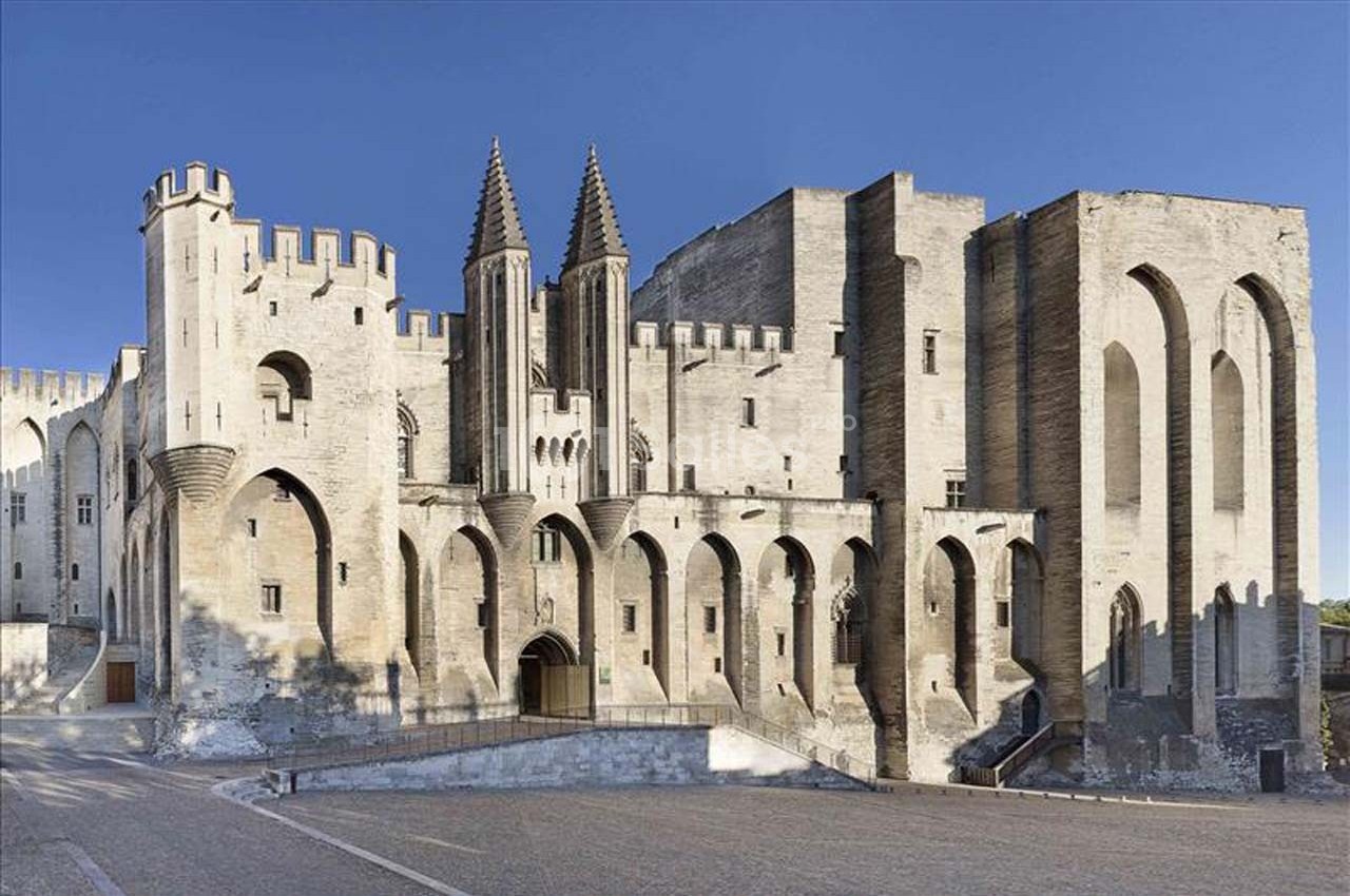 Façade en pierre du Palais des Papes à Avignon, avec ses tours et ses arcs gothiques sous un ciel dégagé.