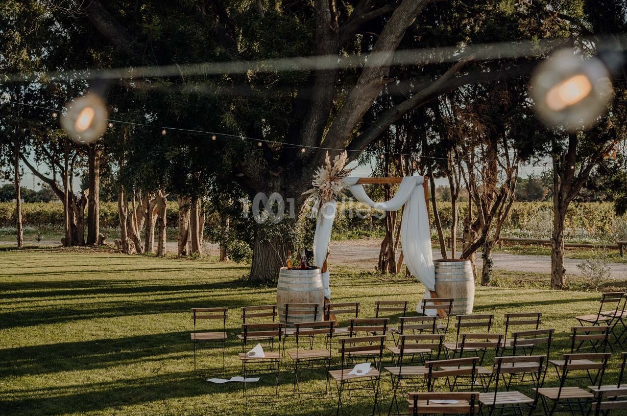 Chaises disposées en rangées devant une arche décorée de voilages et fleurs, installée dans un jardin sous des arbres.