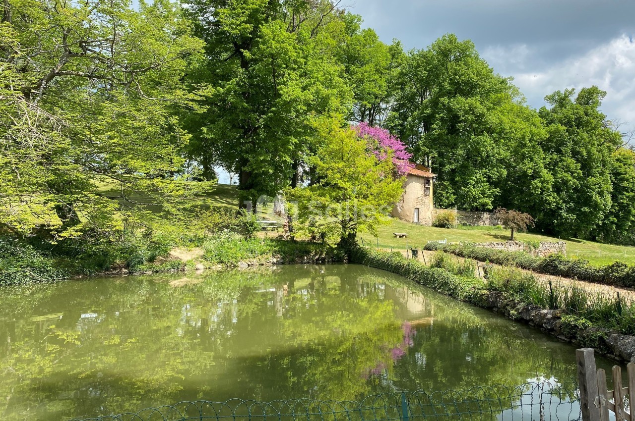 Petit étang entouré de verdure avec un bâtiment en pierre et des arbres fleuris en arrière-plan.