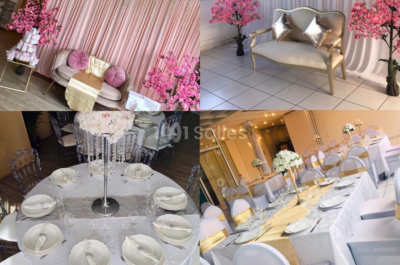 Décorations de salle avec tables dressées, chaises blanches, rideaux roses, fleurs et mobilier élégant.