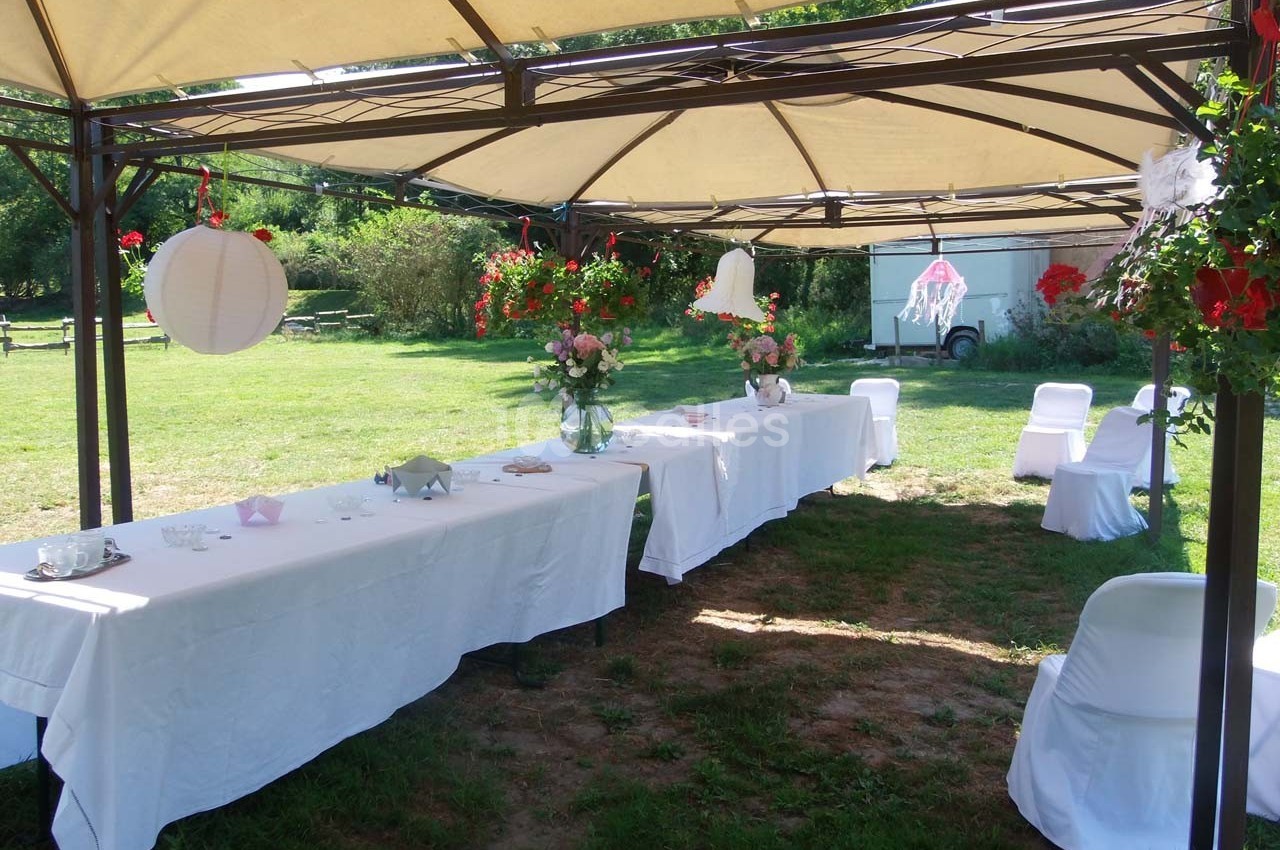 Tables décorées sous une tonnelle avec nappes blanches, fleurs et lanternes, dans un jardin verdoyant.
