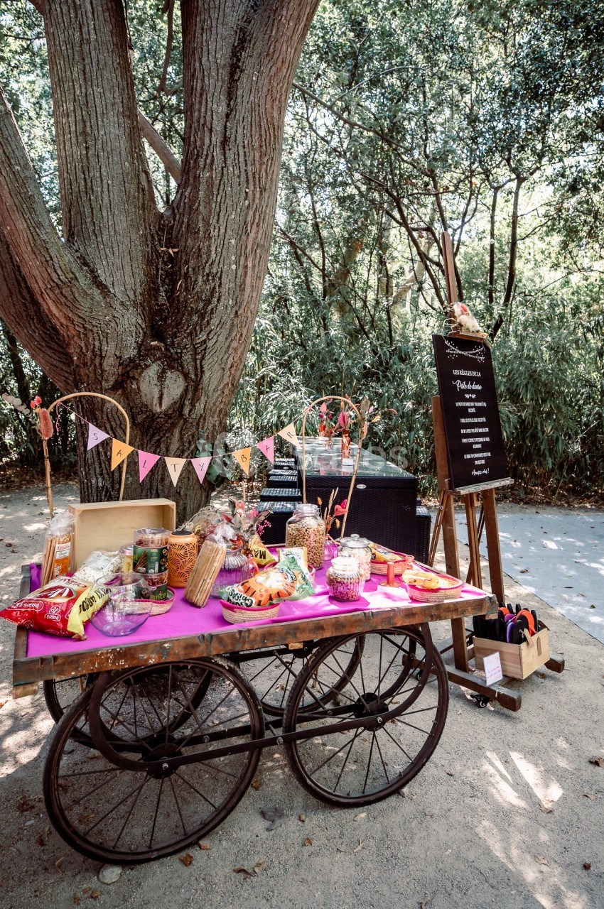 Chariot en bois décoré avec des guirlandes, rempli de snacks et bonbons, installé sous un grand arbre en extérieur.