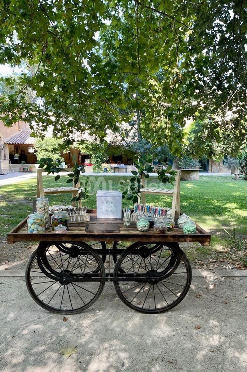 Chariot en bois sur roues, décoré de friandises et de verdure, placé dans un jardin ombragé devant un bâtiment.