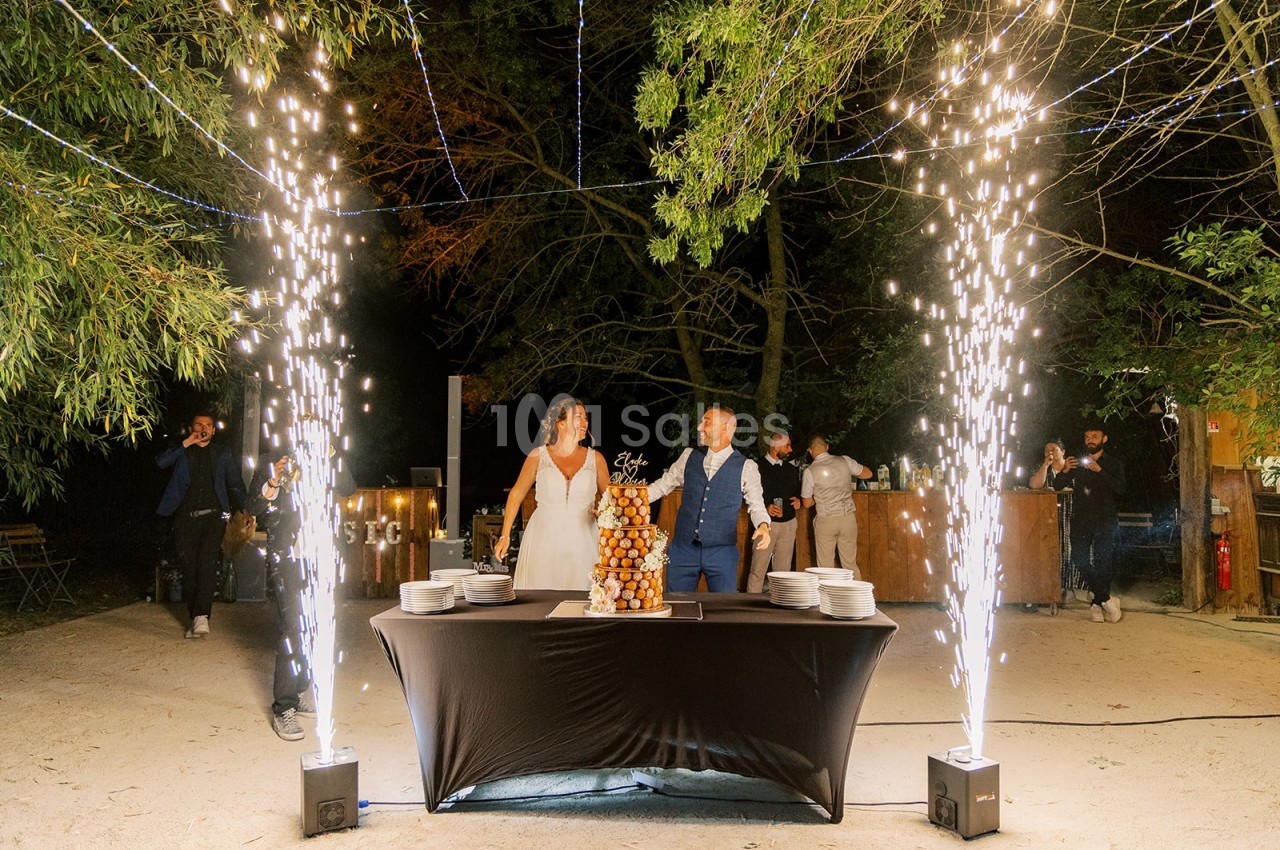 Un couple en tenue de mariage devant une pièce montée, entouré de fontaines lumineuses dans un décor extérieur nocturne.