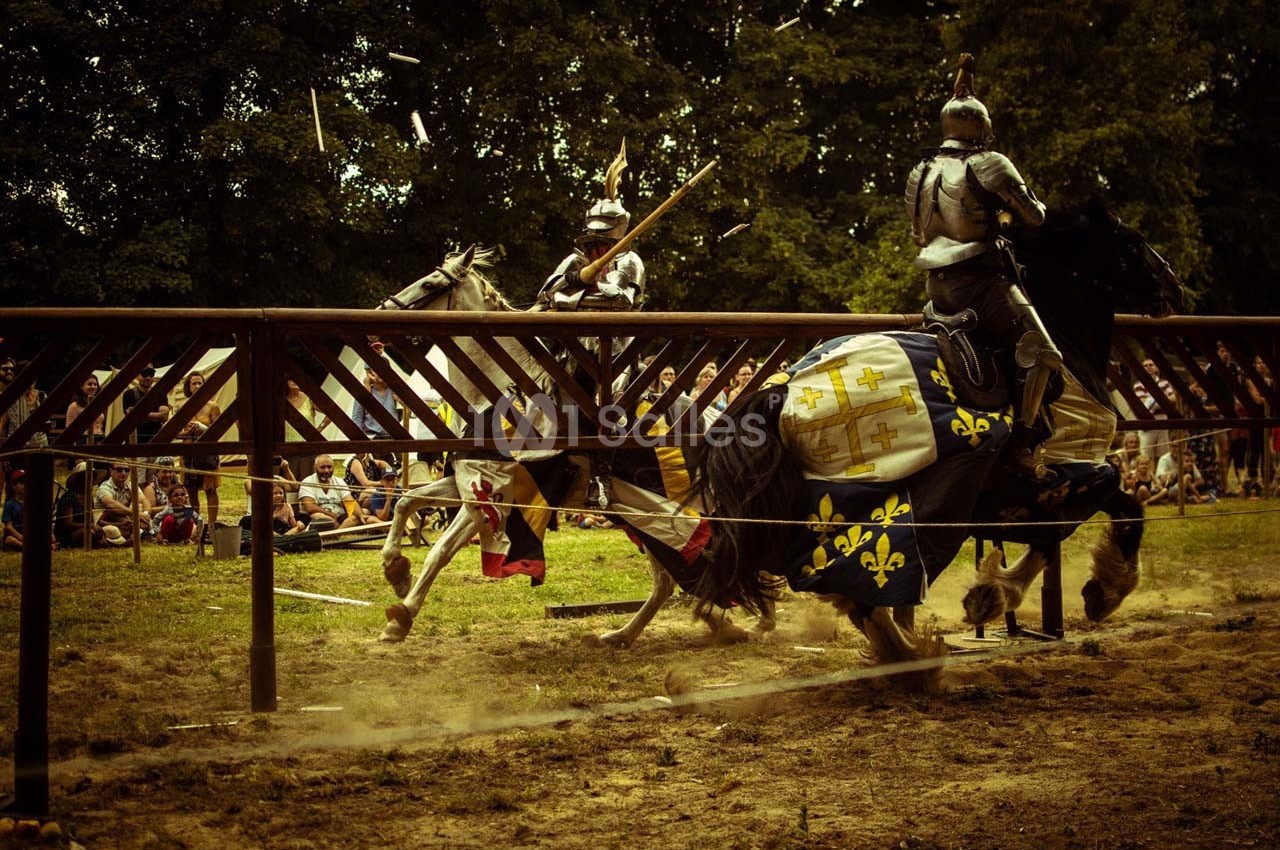 Deux chevaliers en armure s'affrontent à cheval lors d'un tournoi médiéval devant un public en plein air.