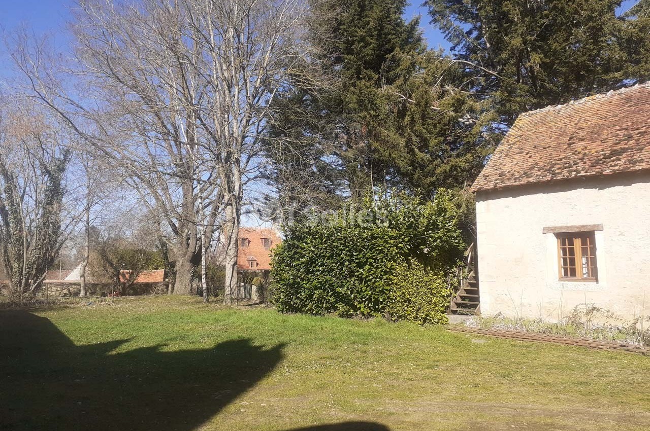 Jardin avec pelouse, arbres dénudés et conifères, à côté d'une maison en pierre avec toit en tuiles.