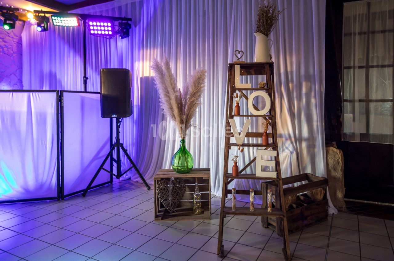 Décoration de salle avec échelle en bois ornée de lettres ’LOVE’, pampas et vases, éclairage violet en arrière-plan.