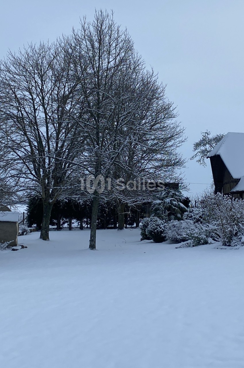 Paysage hivernal avec arbres dénudés et toits enneigés dans un jardin recouvert de neige.