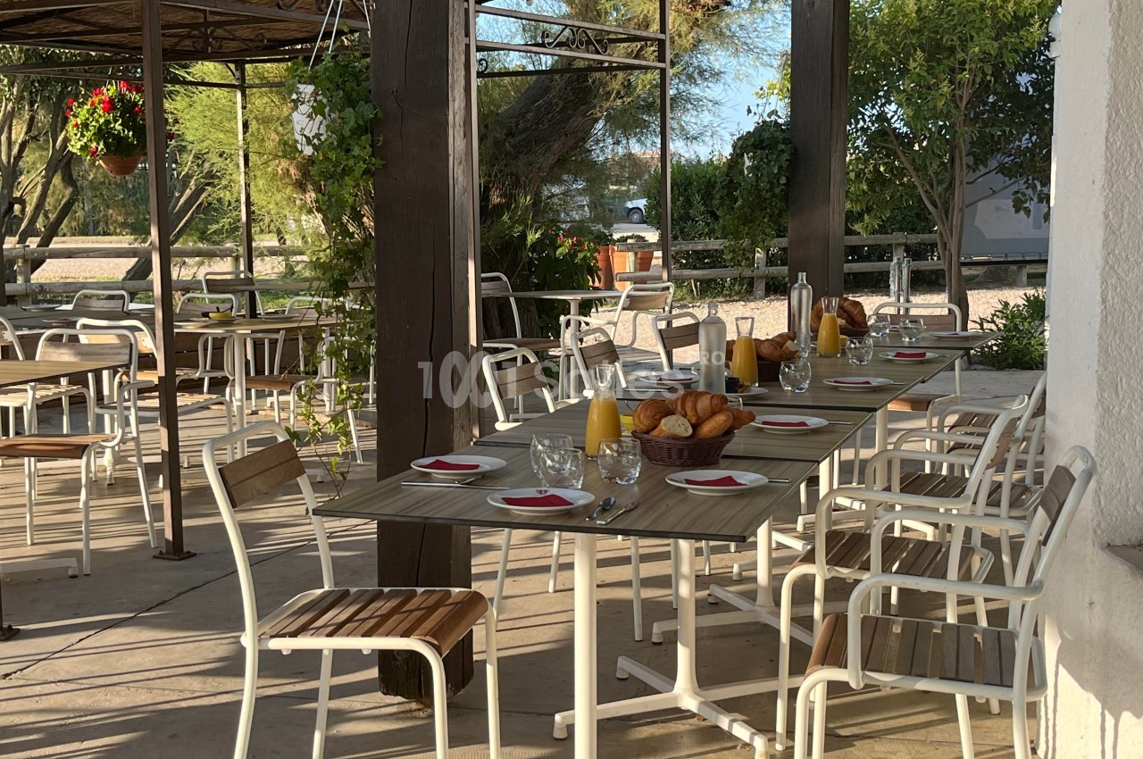 Terrasse ombragée avec tables dressées pour le petit-déjeuner, contenant croissants, jus d'orange et vaisselle.