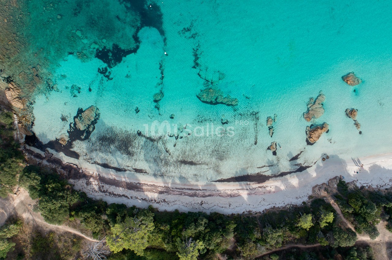 Vue aérienne d'une plage avec sable clair, eau turquoise et formations rocheuses, entourée de végétation dense.