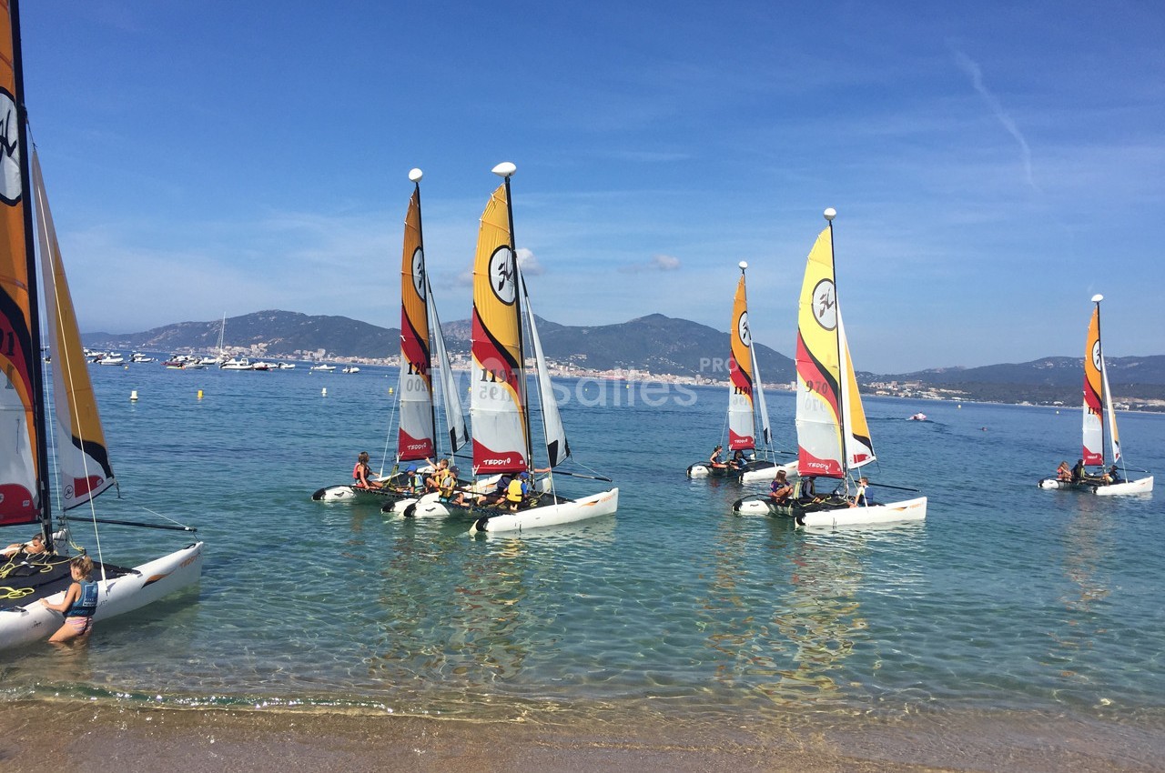 Des catamarans colorés flottent sur une eau calme près d'une plage, avec des collines en arrière-plan.