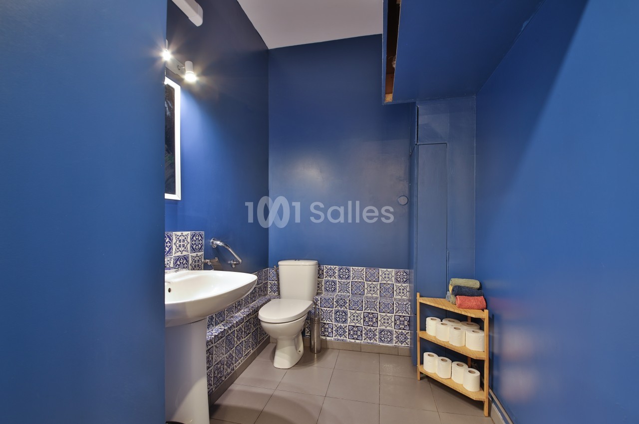 Salle de bain avec murs bleus, lavabo, toilettes, carrelage décoratif et étagère contenant des serviettes et du papier…