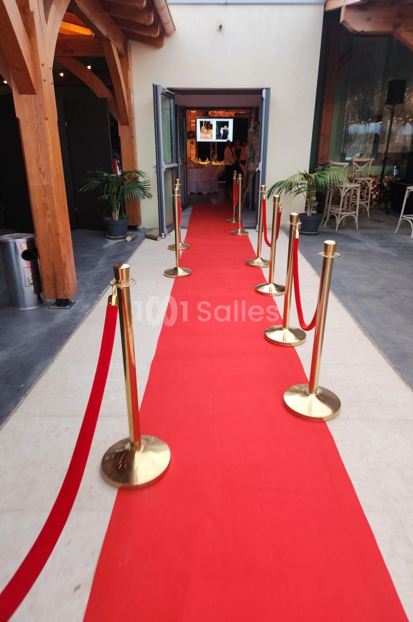 Tapis rouge bordé de poteaux dorés menant à une entrée ouverte dans un bâtiment moderne avec des plantes décoratives.
