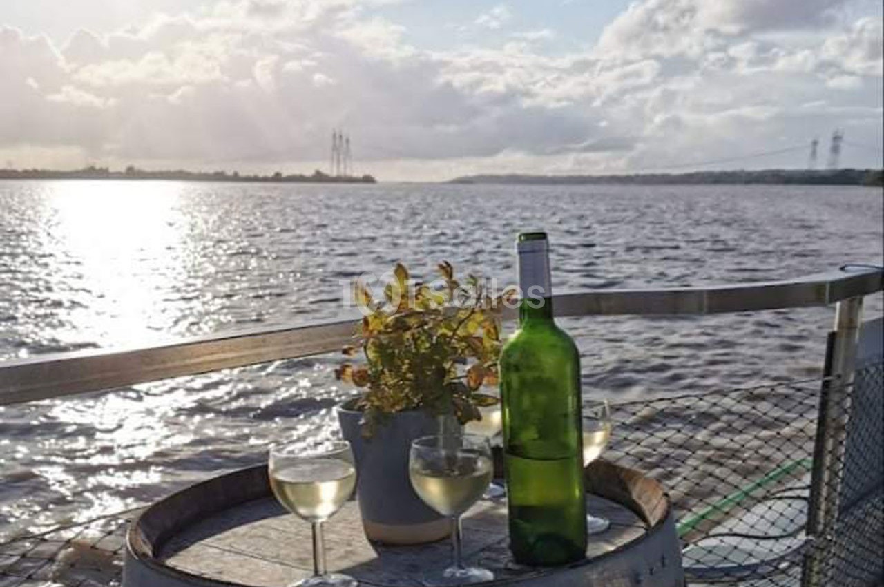 Bouteille de vin et trois verres sur un tonneau près d'une plante, avec vue sur un fleuve sous un ciel nuageux.
