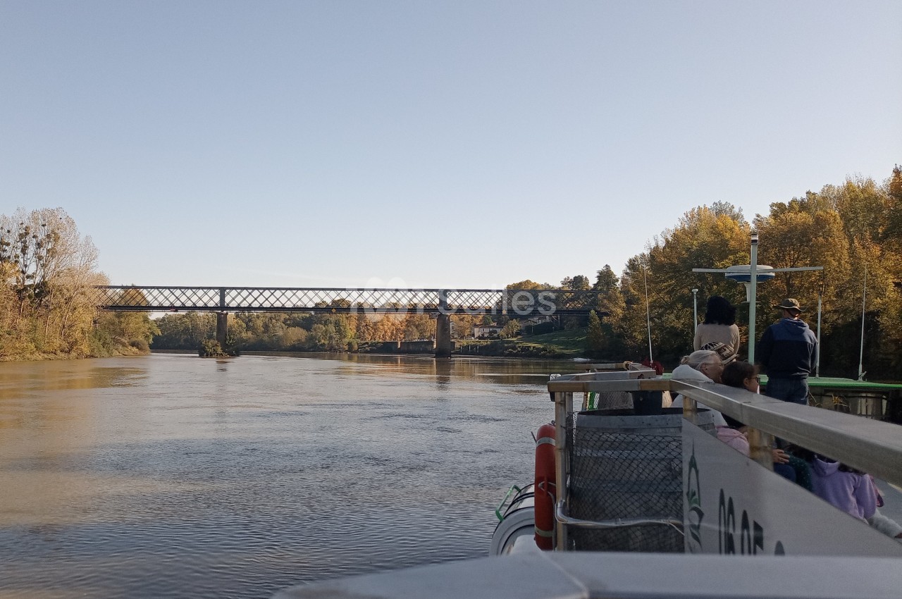 Vue depuis un bateau sur une rivière, avec un pont métallique à l'horizon et des arbres bordant les rives.