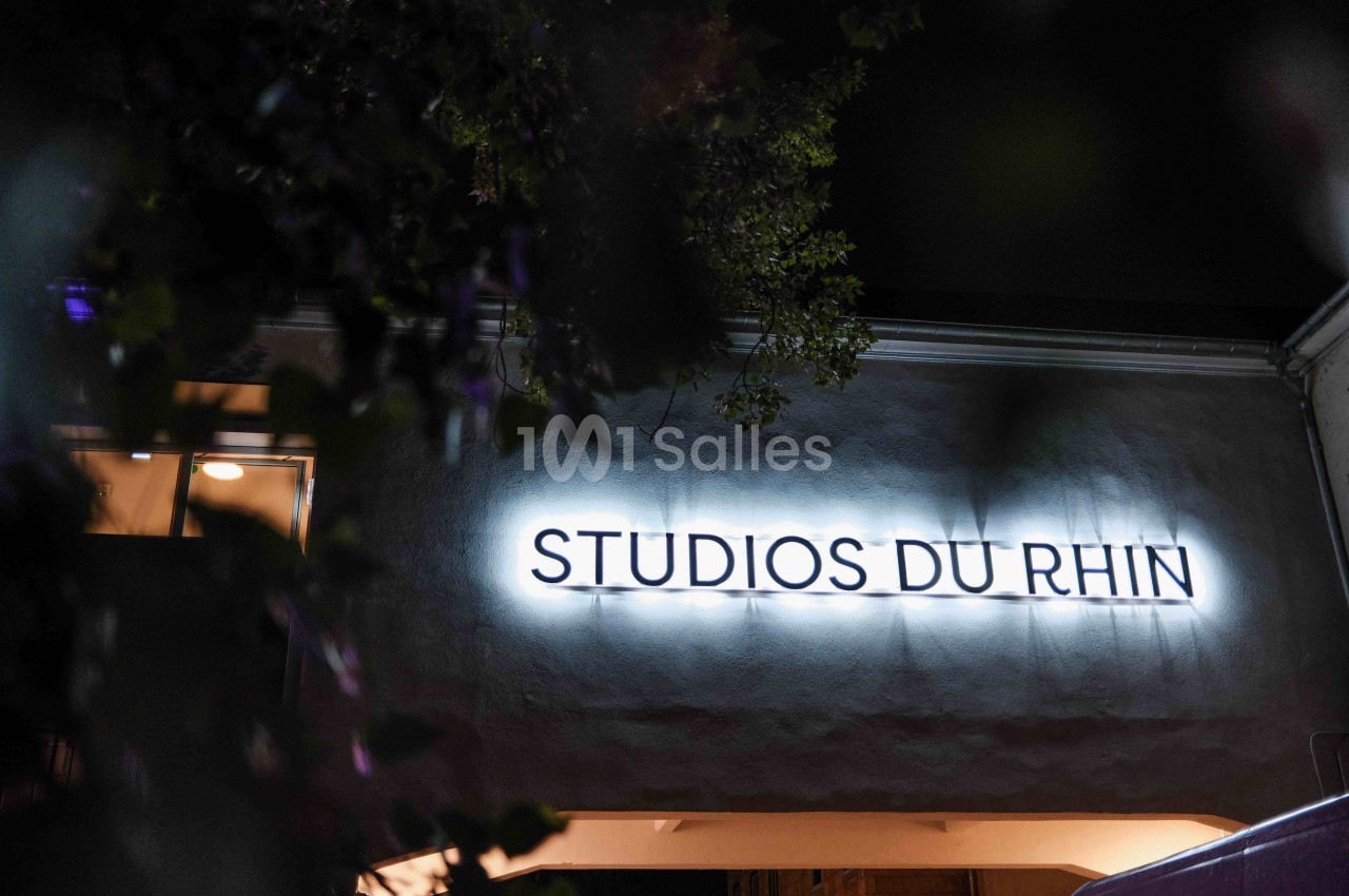 Enseigne lumineuse ’Studios du Rhin’ sur la façade d'un bâtiment, vue de nuit avec des branches en premier plan.