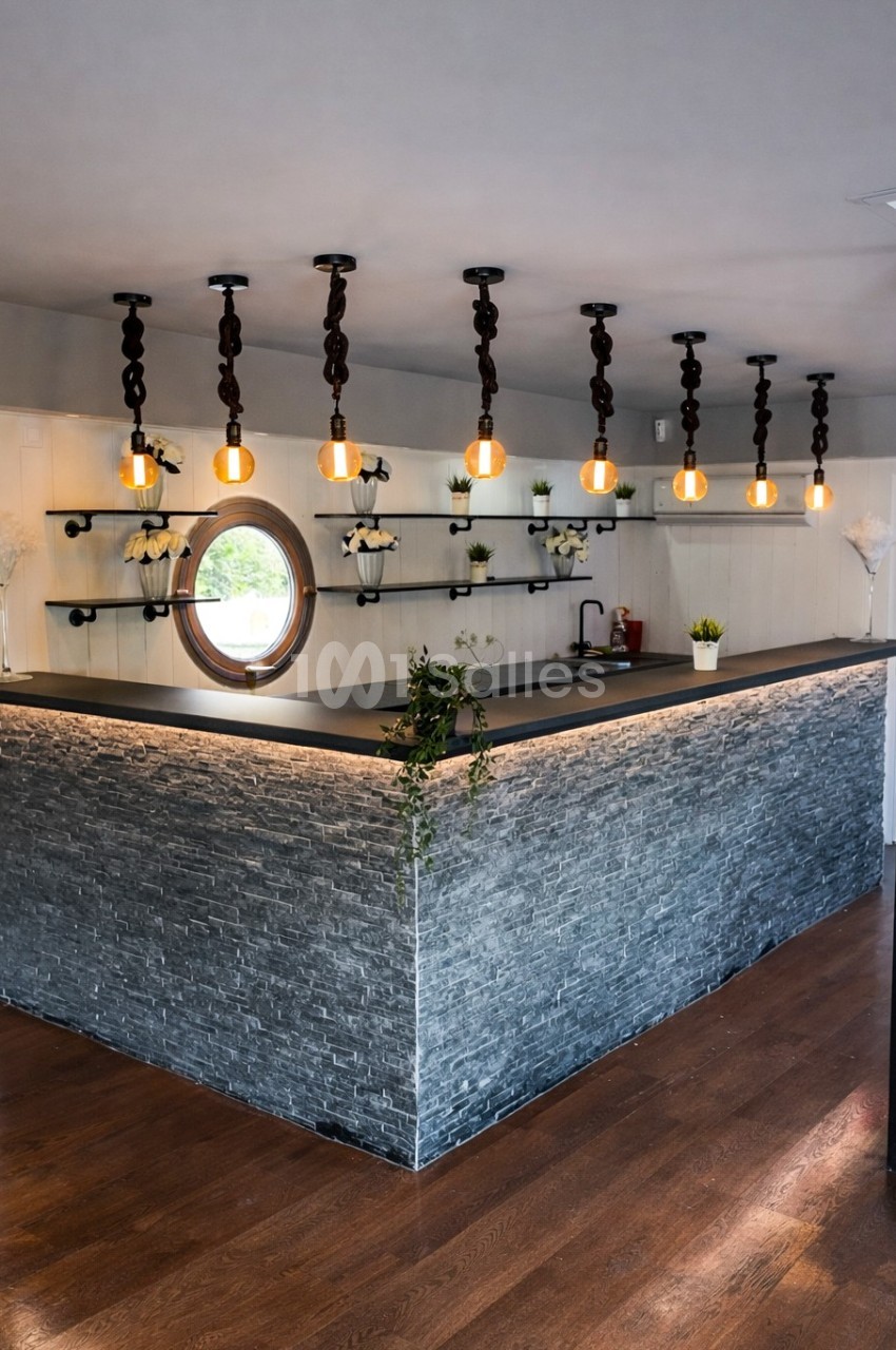 Comptoir en pierre grise avec étagères murales noires, suspensions lumineuses et décoration végétale.
